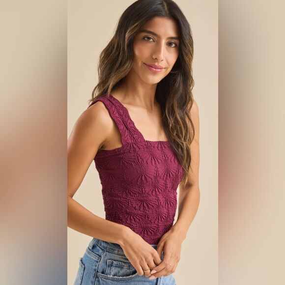 ALTAR’D STATE Blaire Wine Maroon Seamless Floral Square Neck Wide Strap Cami - Picture 3 of 16